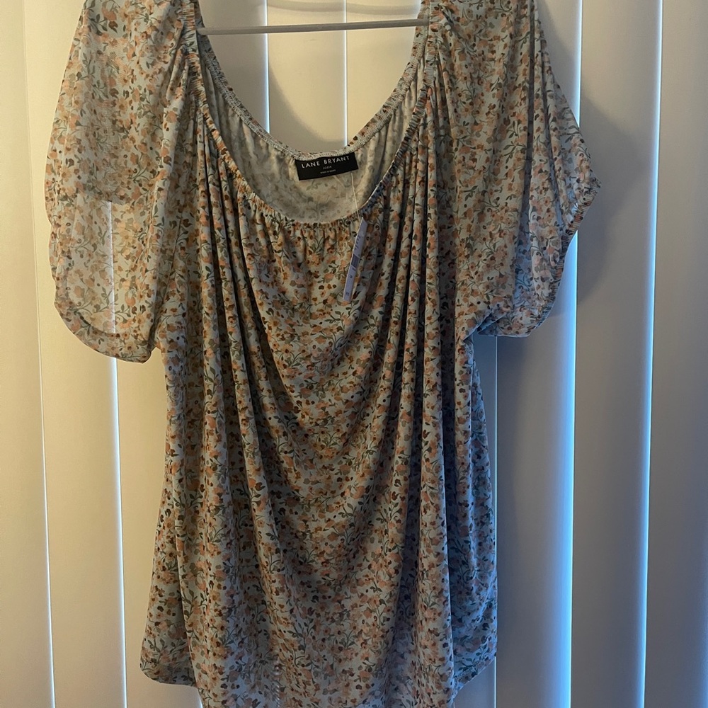 Lane Bryant Blue Tan Ruched Short Sleeve Blouse